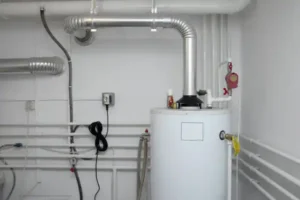 A water heater with connected pipes and ventilation ducts is installed in a utility room with white walls. Various pipes run horizontally and vertically along the walls.