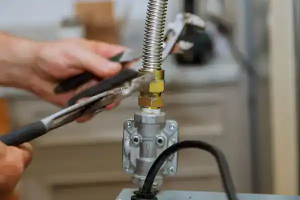 Hands use pliers to tighten a flexible metal gas hose onto a brass fitting connected to a valve or regulator in an indoor setting.
