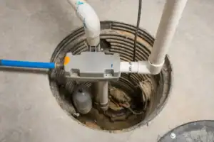 A sump pump system installed in a basement floor pit, showing pipes, a float switch, and wiring above standing water.