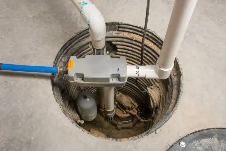 A sump pump system installed in a basement floor pit, showing pipes, a float switch, and wiring above standing water.