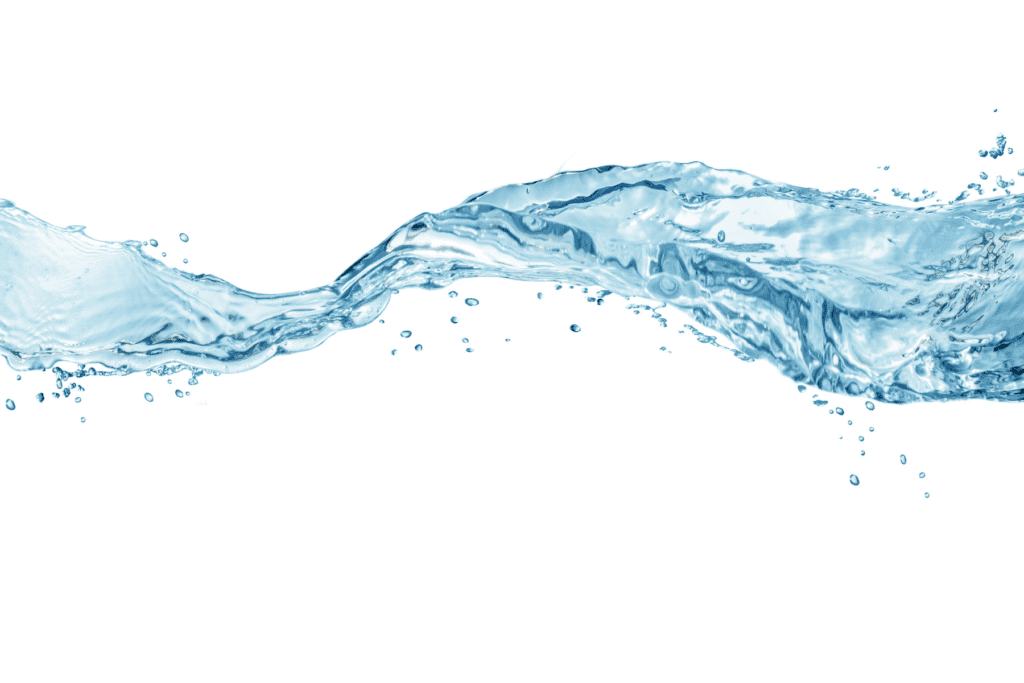 A dynamic stream of clear blue water flows across a white background, with scattered droplets visible around the main wave.