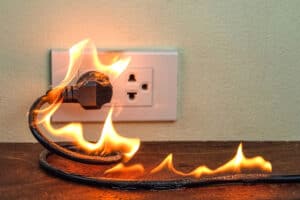 A power cord plugged into a wall socket is on fire, with visible flames along the cord and around the plug.