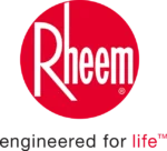 Rheem logo with white text on a red oval background, partially bordered by grey and black geometric shapes.