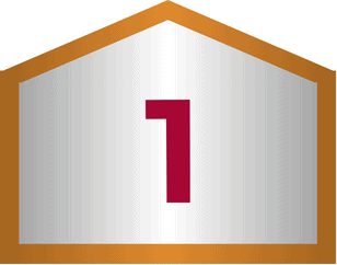 A red number 1 centered on a silver, house-shaped background with a gold border.
