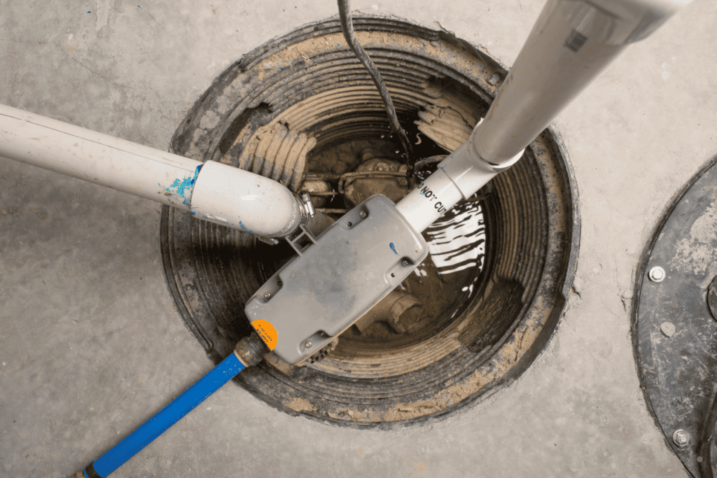 Open sump pit with standing water, exposed wiring, and multiple white and blue pipes connected to a pump system on a concrete floor.