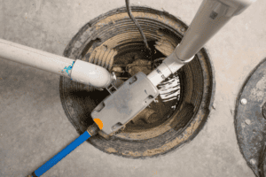%Focuskw% | John Nugent &Amp; Sons Open sump pit with standing water, exposed wiring, and multiple white and blue pipes connected to a pump system on a concrete floor.