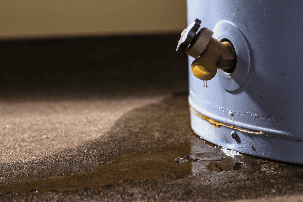 Close-up of a water heater with a leaking valve, showing water pooling on the floor and rust around the base.