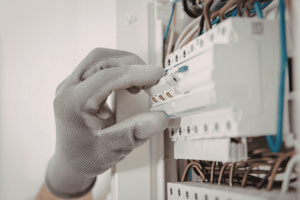 A hand wearing a gray work glove flips a circuit breaker switch inside an electrical panel.