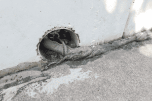 A tree root grows through a circular hole at the base of a white wall, extending onto a concrete surface.