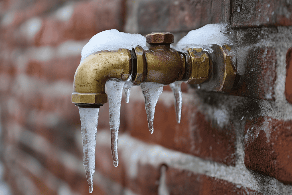 A brass outdoor spigot covered in snow and icicles attached to a brick wall.